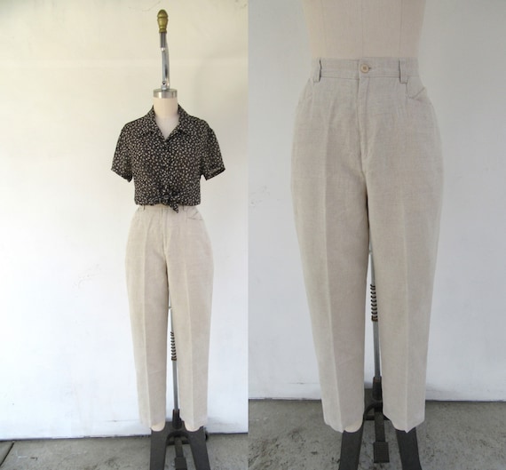 90s High Rise Tapered Oatmeal Linen Cotton Blend … - image 3
