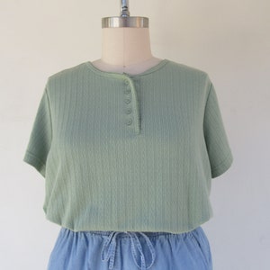 Plus Size 90s Sage Pointelle Cotton Henley | Cotton Short Sleeve Henley | Minimalist Cotton Tee Shirt | 1X