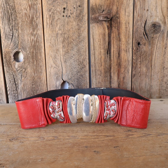 80s Red Leather Wide Waist Belt | Embellished Bold Statement  display picture 2
