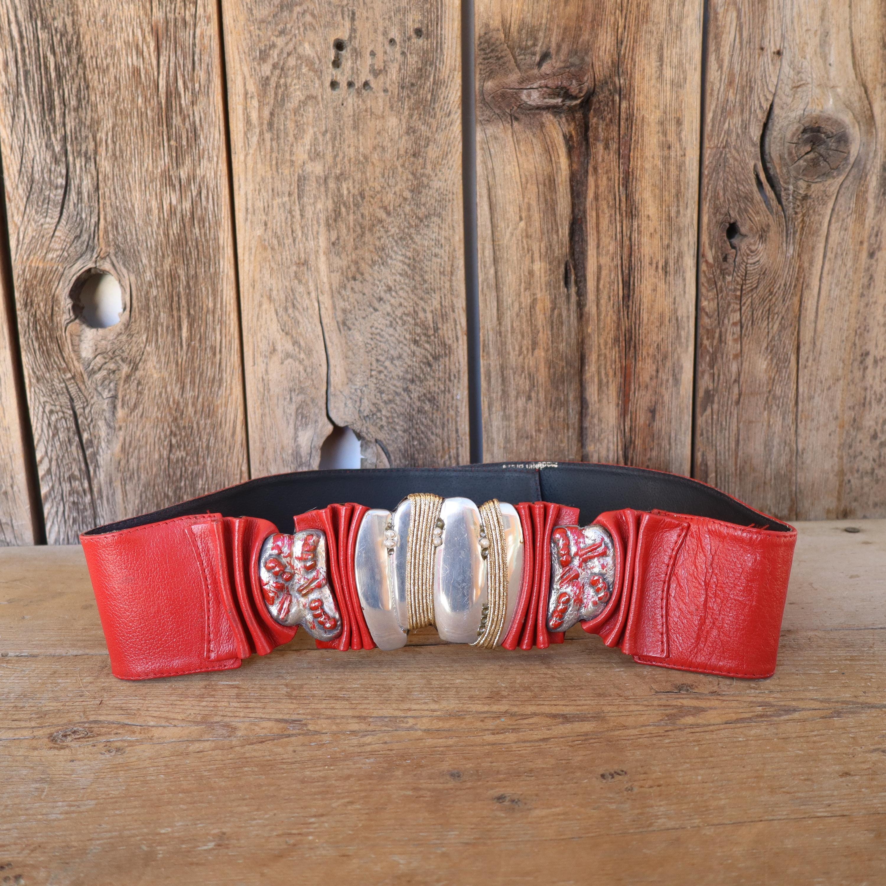 80s Red Leather Wide Waist Belt | Embellished Bold Statement  display picture 1