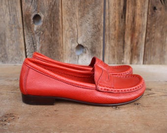 80s 90s Red Leather Penny Loafers Size 5-1/2