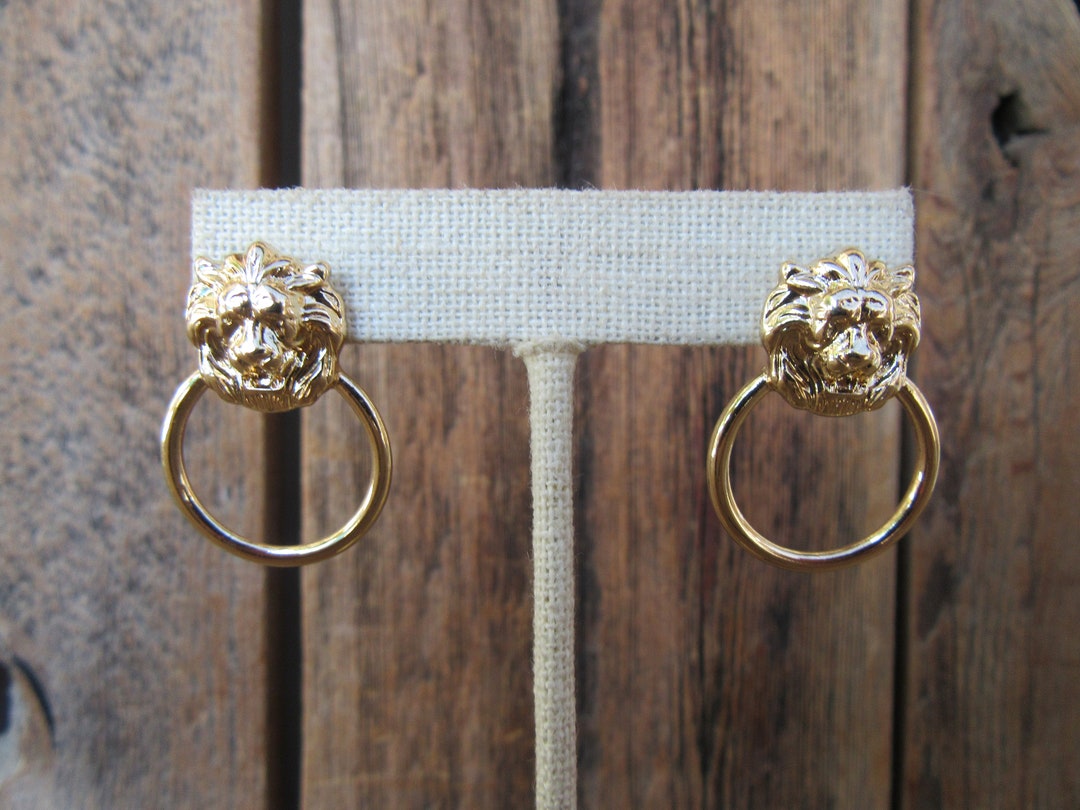 90s Earrings Gold Tone Lion s Head Earrings Statement Earrings