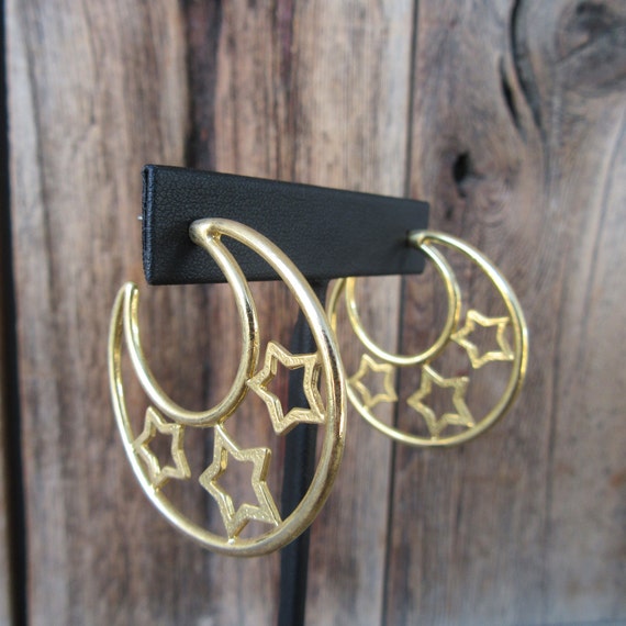 90s Gold Tone Hoop Earrings | Cutout Crescent Star