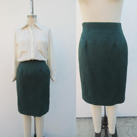90s Embossed Silk Wool Blend Patterned Tone on Tone Emerald Green