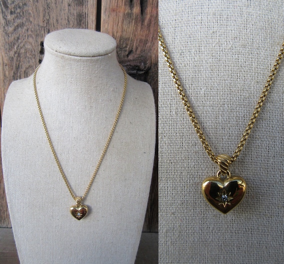 90s Gold Tone Heart Necklace | Bejeweled Heart Pe… - image 1