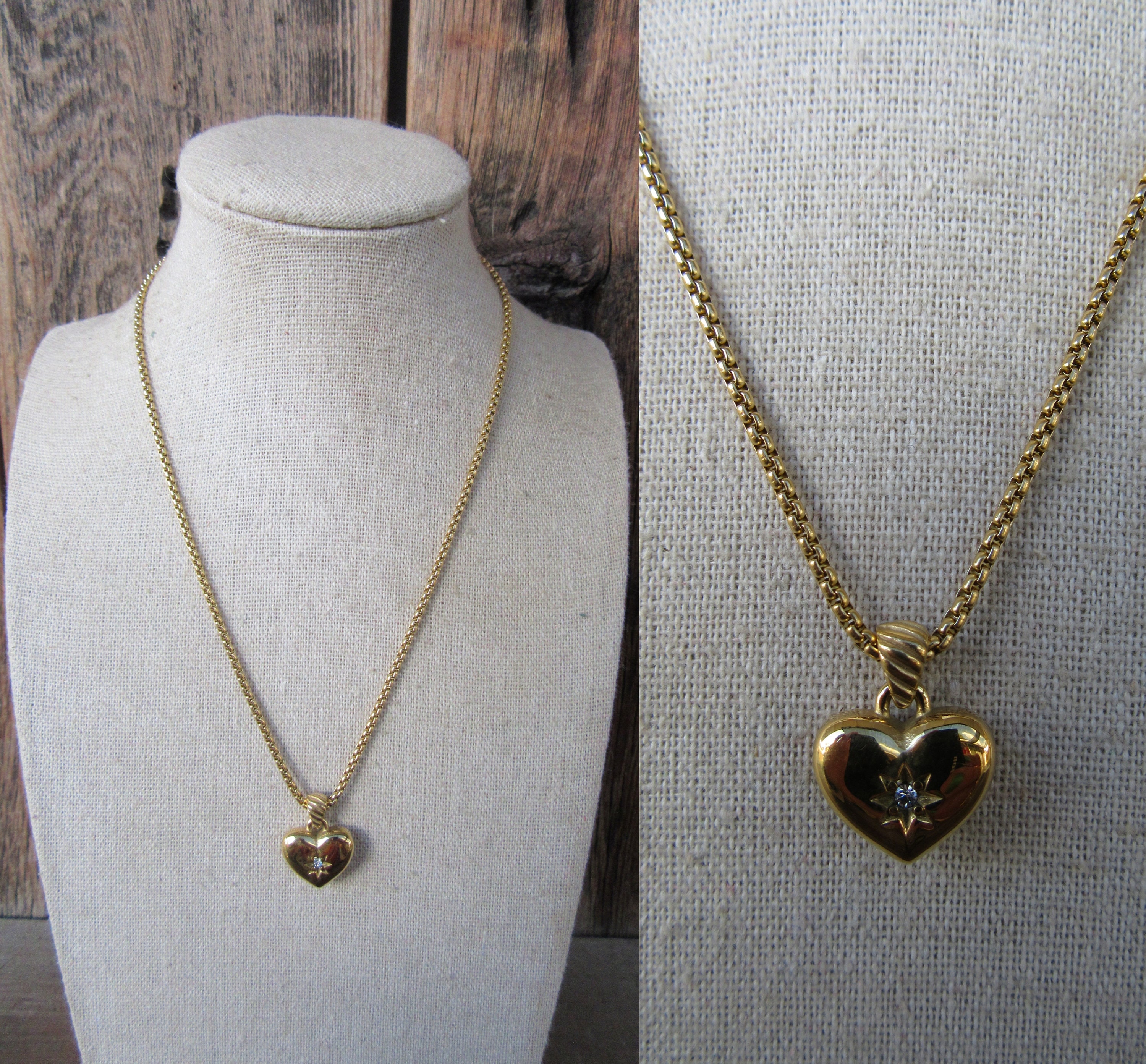 ■VINTAGE HOLLYWOOD■ Petit Heart Ball Chain Necklace VH2313 Chunky Heart Choker, Gold Heart Necklace, Puffy Heart