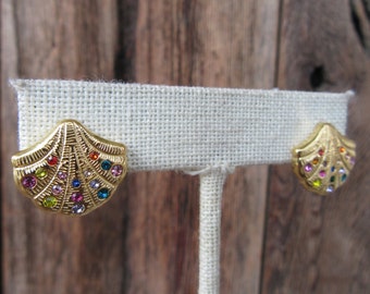 90s Small Gold Tone Shell Earrings | Nautical Resort Chic Bejeweled Shell Earrings | Shell Minimal Stud Earrings