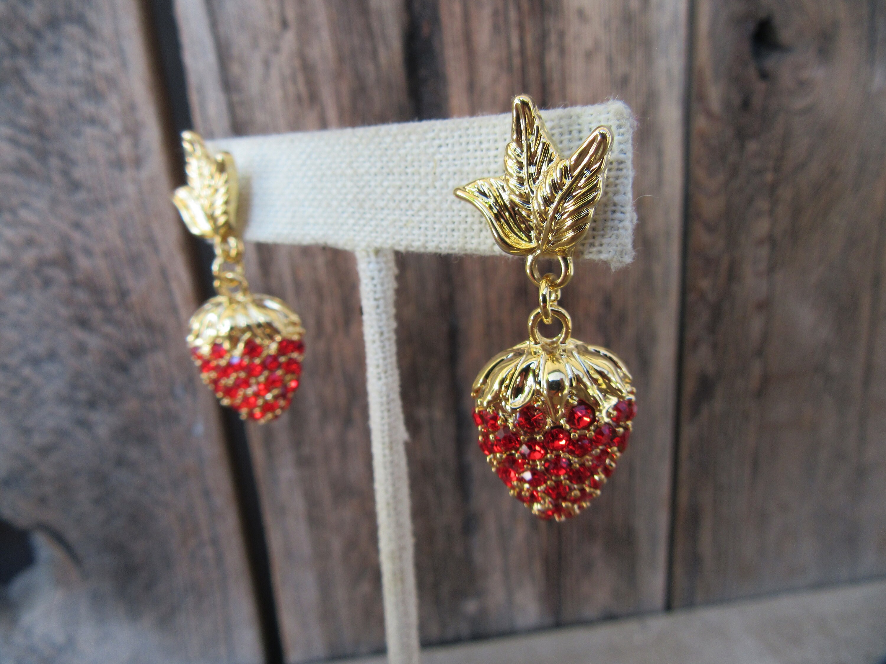 90s Gold Tone Earrings | Bejeweled Strawberry Dangle
