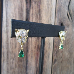 90s Gold Tone Panther Stud Earrings | Pave Leopard Rhinestone Dangle Earrings | Statement Jewelry