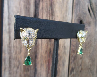 90s Gold Tone Panther Stud Pave Rhinestone Dangle Earrings