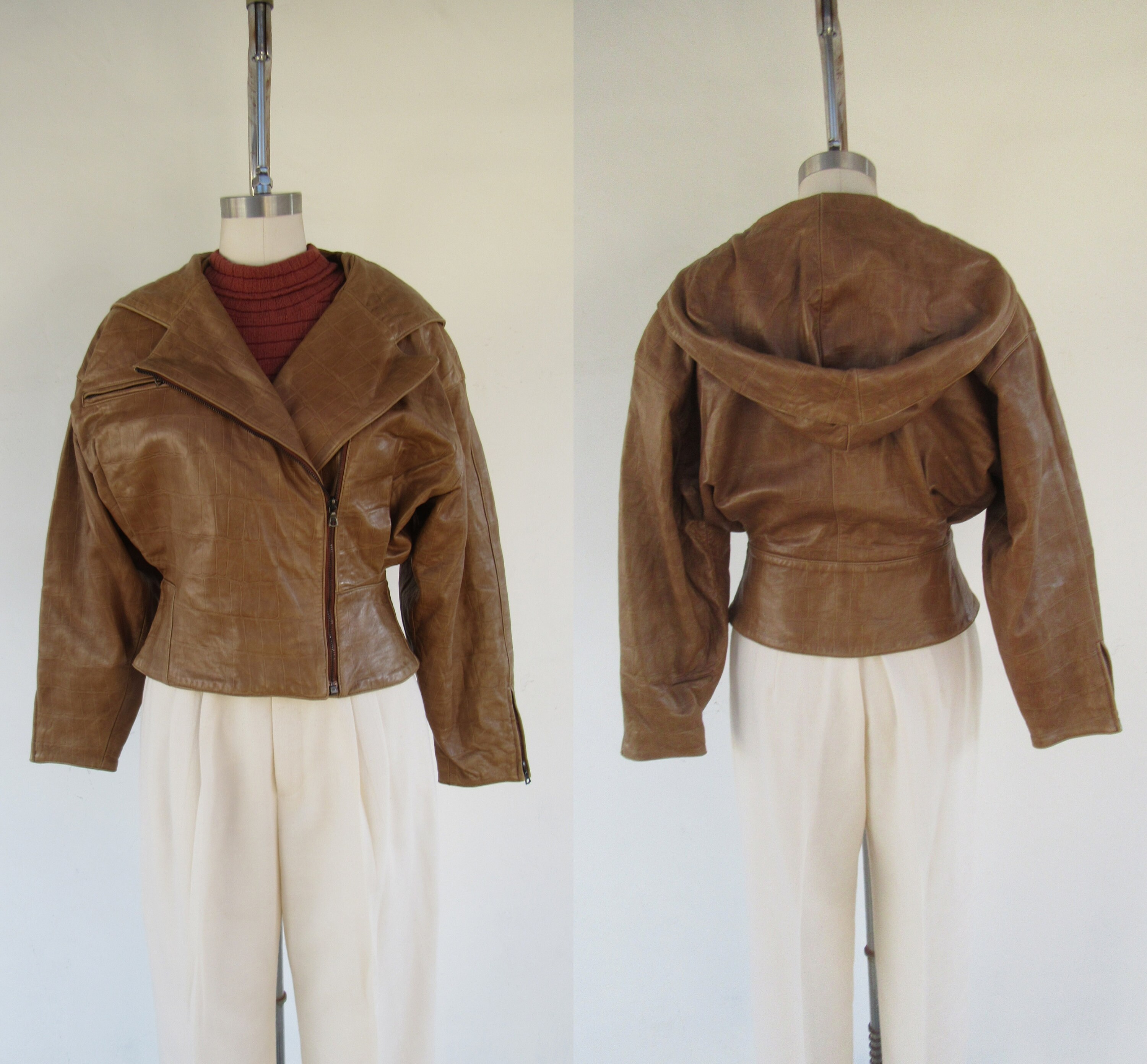 ジャケット・アウター Vintage Dolman Sleeve Leather Jacket 80s 90s Cropped Dolman Sleeve Hooded Leather Jacket