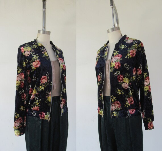 90s Crushed Velvet Floral Zip Front Jacket | Zip … - image 1