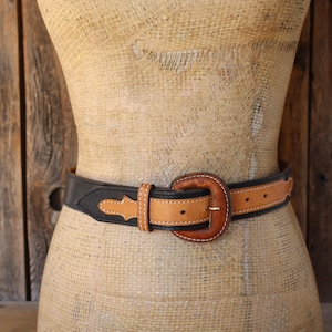 90s Black and Brown Leather Preppy Prep Trouser Belt | 80s Leather Waist Belt | 25 to 28