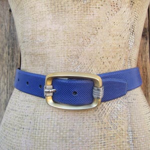 Carlisle Blue Leather Belt with Gold Buckle VTG Carlisle Belt Womens S Blue Gold Tone Dolphin Buckle  main image 3