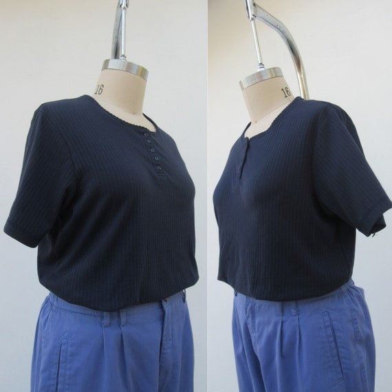 Plus Size 90s Navy Blue All Cotton Short Sleeve H… - image 3