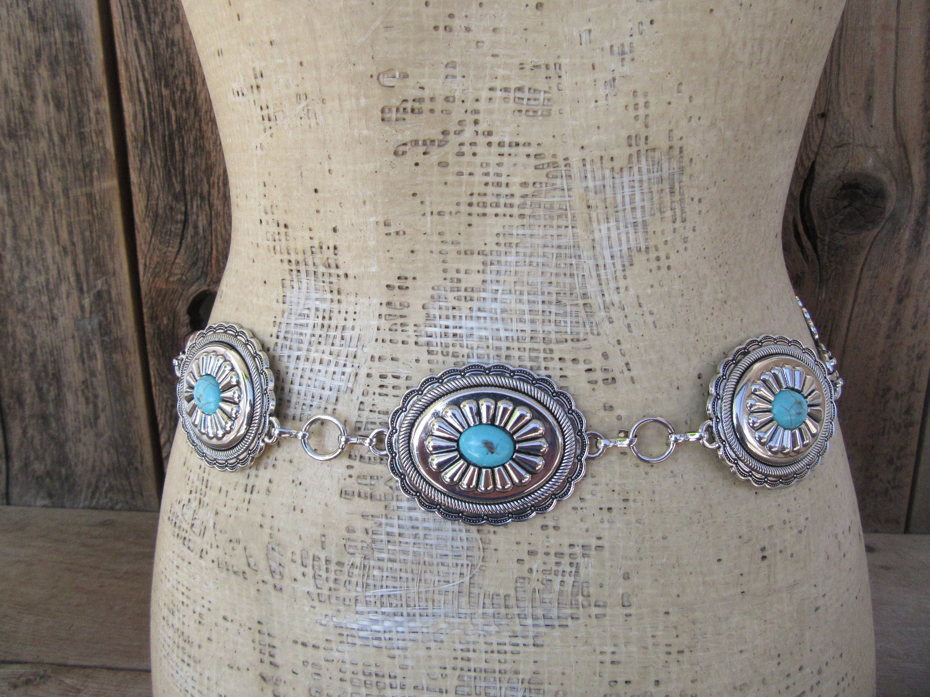 90s Silver Chain and Faux Turquoise Concho Belt | Western  display picture 1