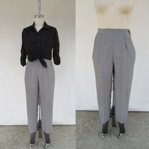 90s High Waist Plaid Rayon Trousers | Micro Houndstooth Business Casual Minimalist Pleated High Rise Easy Pants | Dark Academia | 28 to 34