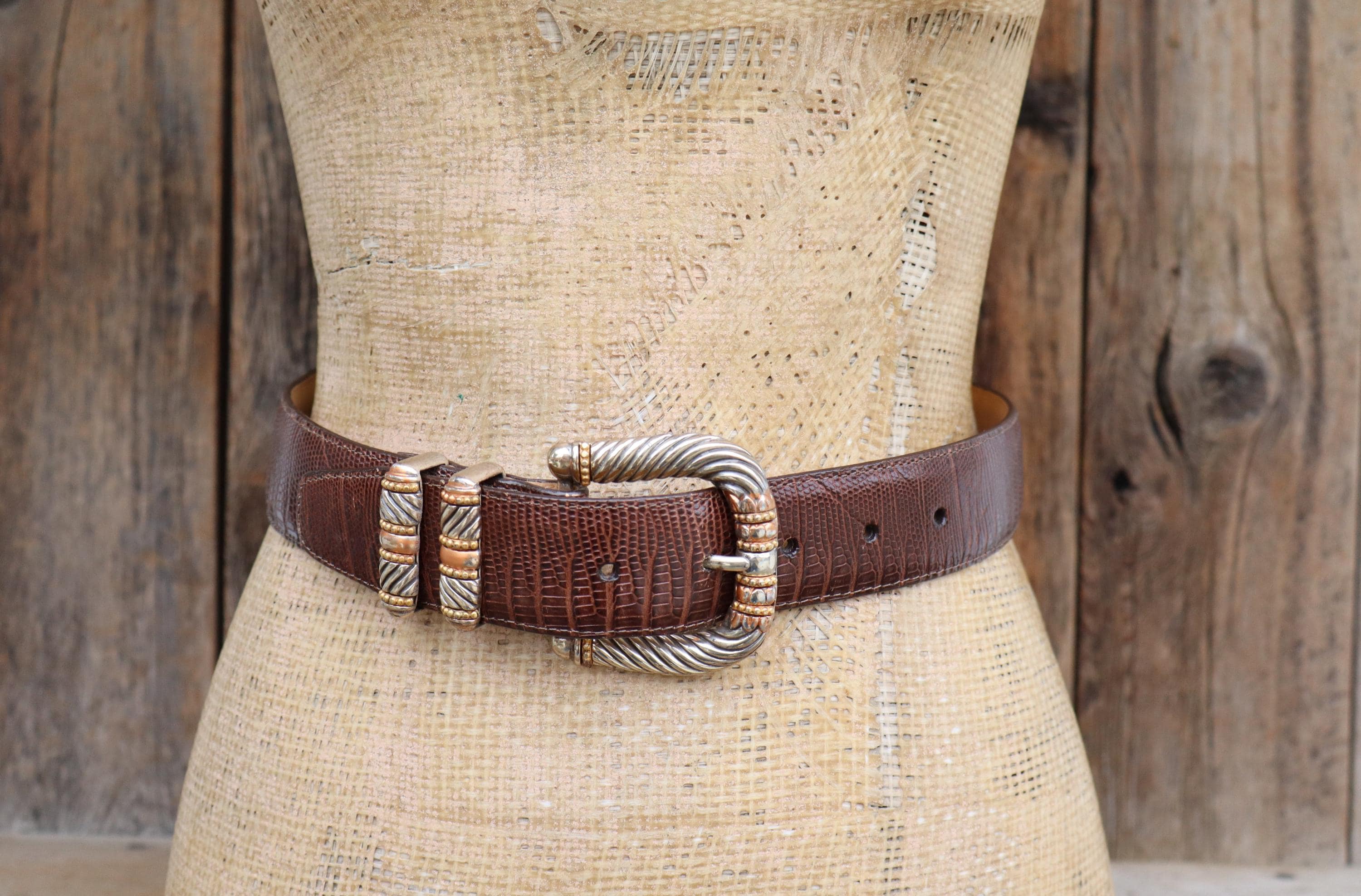 Brighton Tan Lizard Embossed Leather Skinny Belt Silver Ornate Buckle 28 B10174 Brighton Cutter & Buck S 28 Brown Embossed Leather Belt  main image 2
