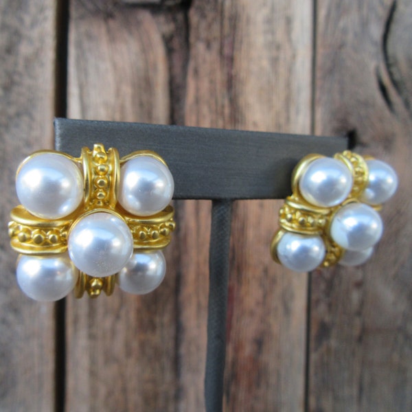 90s Faux Pearl Chunky Gold Tone Square Earrings | Baroque Gold and Faux Pearl Large Bold Earrings | Bejeweled Runway Earrings