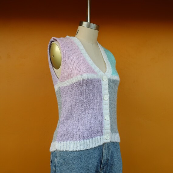 80s Pastel Color Block V Neck Button Front Cardig… - image 3