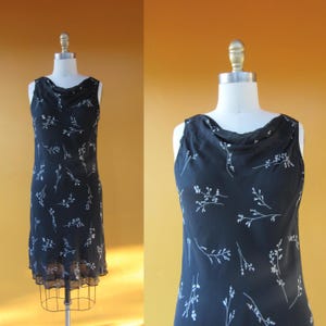 90s Sleeveless Black Rayon Floral Knee Length Flouncy Dress | Gathered Front Ditsy Floral Dress | All Rayon 1990s Midi Day Dress | M