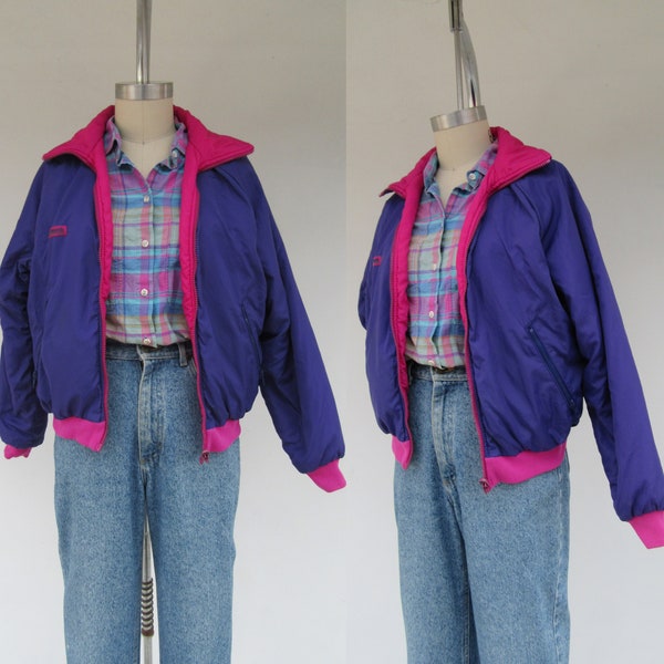 80s 90s Reversible Purple and Fuchsia Columbia Colorblock Track Jacket | Puff Jacket | Puffy Colorblock Color Block Coat Jacket | S