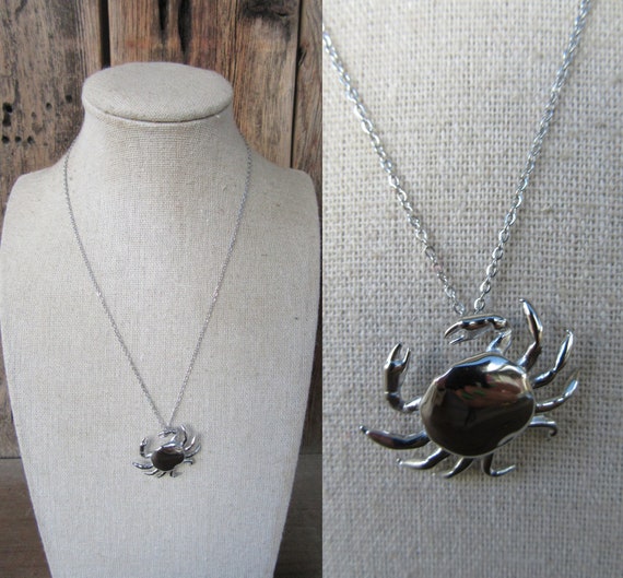 90s Silver Tone Chain Necklace Crab Pendant | Res… - image 1