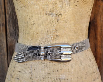 80s 90s Metal Mesh and Black Leather Belt | Silver Metal  display picture 1