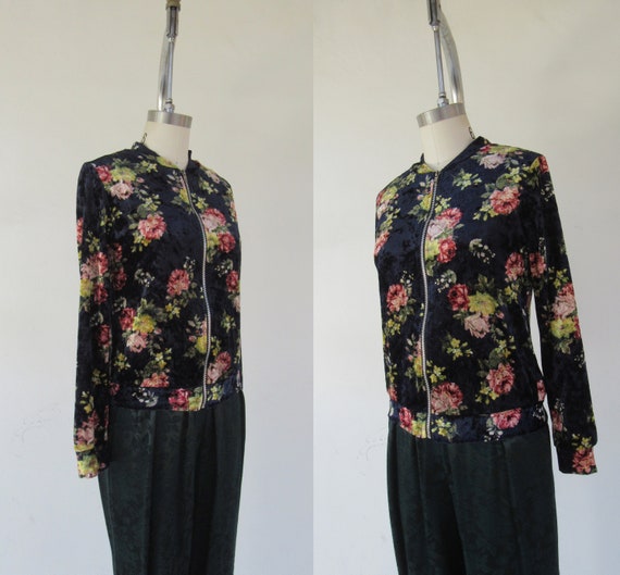 90s Crushed Velvet Floral Zip Front Jacket | Zip … - image 5