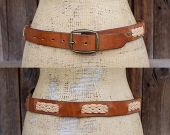 Brown and Beige Braided Leather and Raffia Belt in Vintage  display picture 1