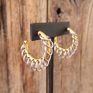 90s Two Tone Silver Gold Tone Hoops | Mixed Metal Ring Hoop Earrings | Modernist Statement Earrings