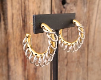 90s Two Tone Silver Gold Tone Hoops | Mixed Metal Ring Hoop Earrings | Modernist Statement Earrings