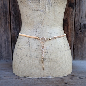 80s 90s Gold Tone Metal Stretch Belt | Rhinestone Key Dangle Metal Snake Belt | Gold Slinky Belt | Gold Metal Disco Stretch Belt | 28 to 40