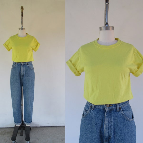 90s All Cotton Bright Yellow Tee Shirt | Short Sleeve Crew Neck Tee Top Shirt | S