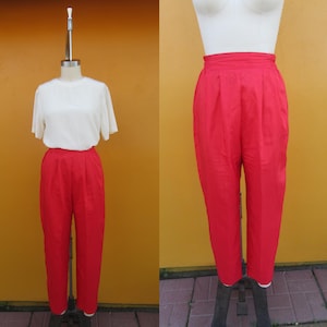 90s Red Crinkled Pleated High Waist Pull on Pants | Mom Pants | High Rise Easy Pants | Lounge Pants | 26 to 29 Waist