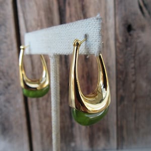 90s Teardrop Gold Tone Hoops | Oval Celery Green Resin Hoops | Minimalist Business Casual Jewelry
