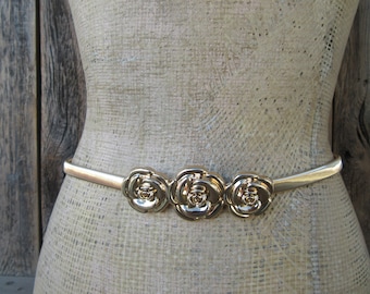 1980s Silver Metal Rose Buckle Stretch Belt | 80s Flower  display picture 3