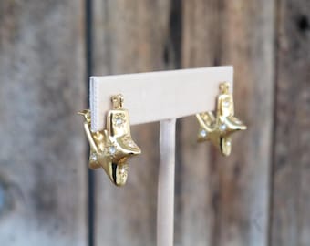 90s Gold Tone Starburst Earrings | Rhinestone Lever Back Hoops