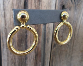 90s Gold Tone Earrings | Dangle Cutout Modernist Round Earrings | Doorknocker Door Knocker Earrings | Geo Geometric Statement Earrings