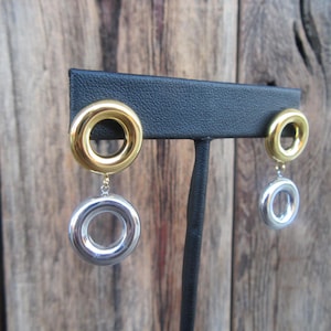 90s Mixed Metal Silver and Gold Tone Modernist Earrings | Chain Dangle Earrings | Chunky Circle Minimal Geo Geometric Round Earrings