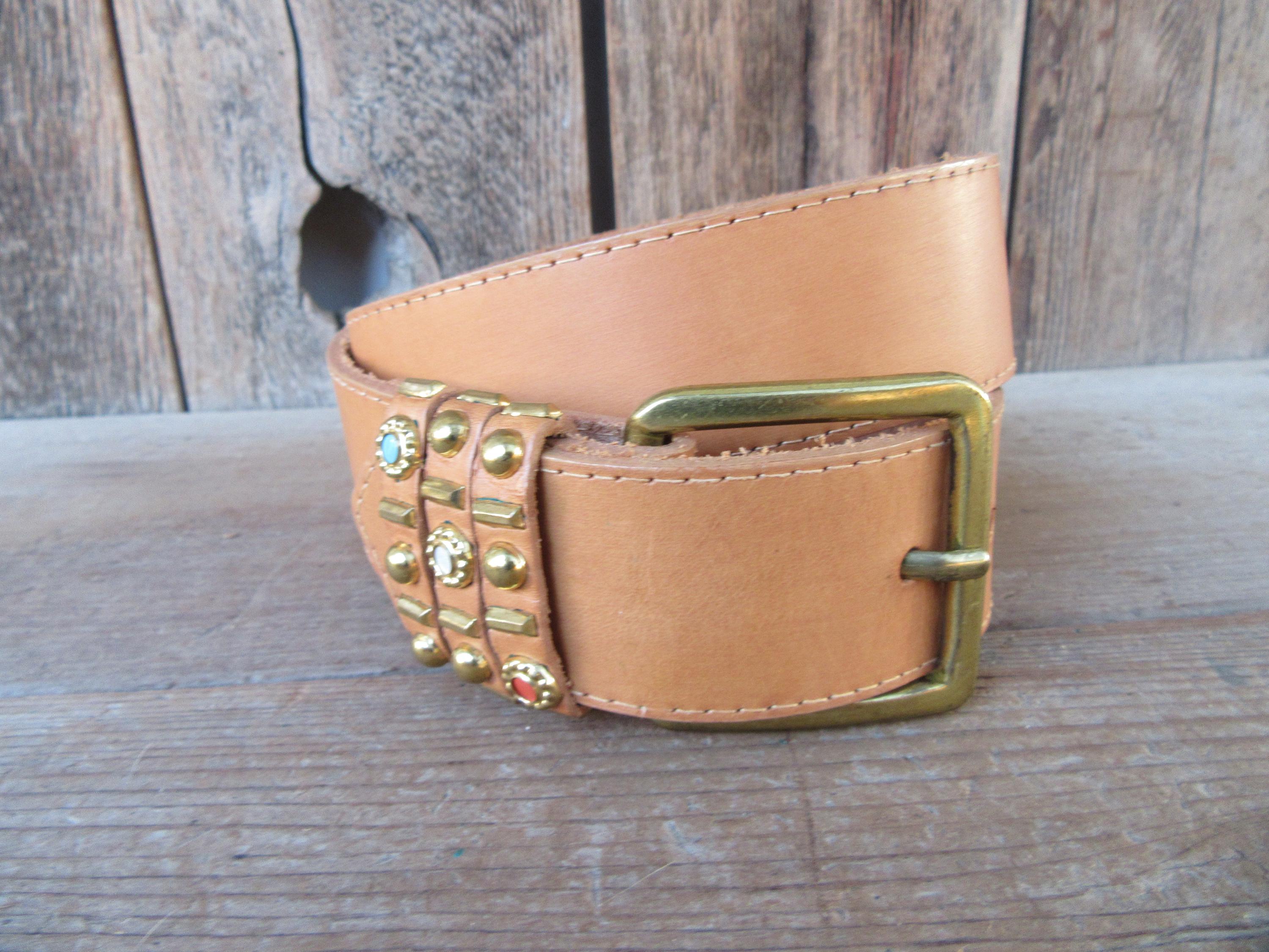 80s Caramel Brown Leather Belt | Stud Cabochon Wide Waist 