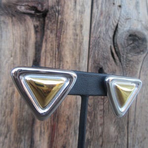 90s Mixed Metal Earrings | Gold and Silver Tone Triangle Square Earrings | Chunky Geo Geometric Two Tone Modernist Statement Earrings