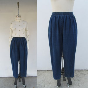 90s Minimalist Denim Cotton Easy Pants | Pull On Mom Pants | High Waist Denim Elastic Waist Pants | L XL | 30 to 38