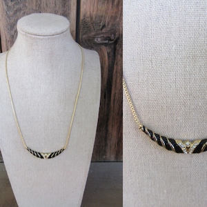 90s Gold Tone and Black Enamel Thick Heavy Statement Necklace | Winged Art Deco Egyptian Revival Necklace