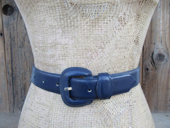 80s 24-32 stitched navy blue leather belt for women with brass buckle