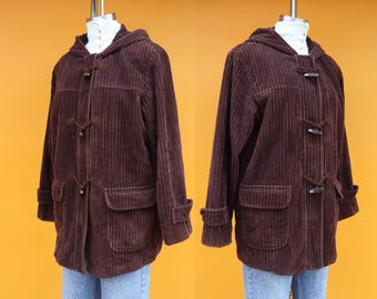 Giacca parka con cappuccio in velluto a coste larghe marrone espresso anni '90, taglia media