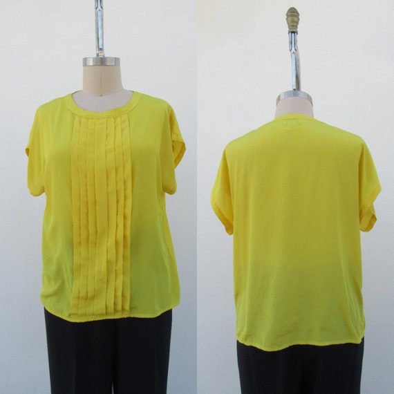 PLUS SIZE 80s Yellow Silky Pintuck Short Sleeve B… - image 6