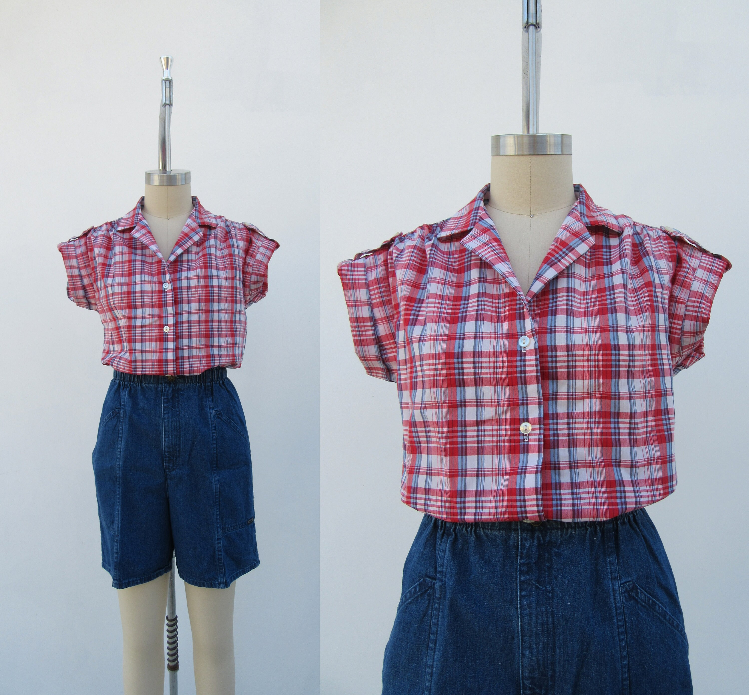 80s Cotton Blend Checkered Button Front Blouse | Boxy Fit 80s Cotton Blend Checkered Button Front Blouse | Boxy Fit