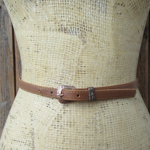 80s Skinny Cognac Leather Belt | Minimal Preppy Prep Belt with Copper Buckle  | Leather Trouser Belt | Business Casual Belt | 29.25 to 32.25