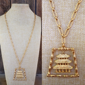 60s 70s Chunky Gold Pagoda Chinoiserie Statement Necklace | Large Dangling Bamboo Pendant | Bamboo Necklace